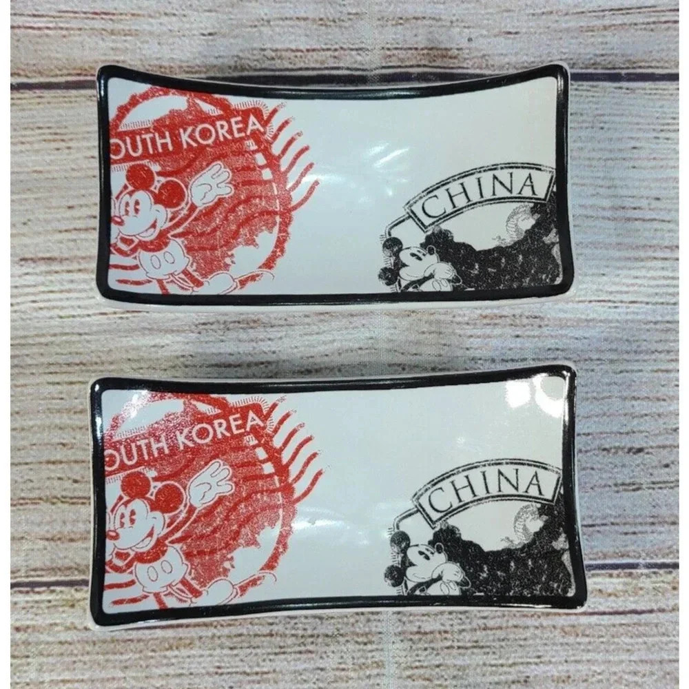 Disney Parks Mickey Mouse Sushi Chopstick Holder Plates Lot Of 2 White Black Red